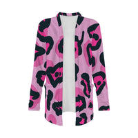 Pink Leopard Print Open-Front Cardigan with Pockets
