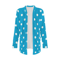 Women's Blue and White Polka Dot Cardigan Long-Sleeved Top with Pockets
