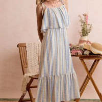 Blue and white striped midi dress, tiered skirt, lined bodice with tie straps