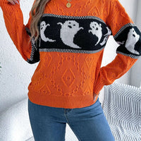 Orange Halloween ghost sweater with knit-in ghost motif and black contrast stripe detailing