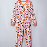Dusty pink pumpkin-print button-front long-sleeve lounge set with matching pants