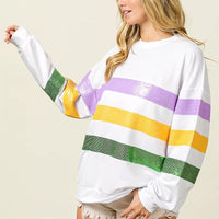 Off-white sweatshirt with sequined purple, yellow, and green striped sleeves