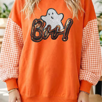 Orange Halloween sweatshirt with plaid patchwork sleeves and sequin ghost Boo graphic