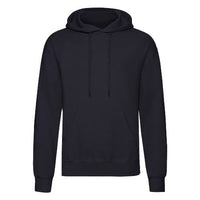 Navy pullover hoodie with drawstring hood and front kangaroo pocket