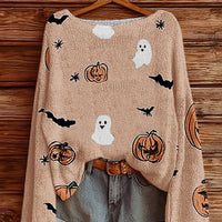 Plus-size Halloween boat-neck sweater in pale blush with ghost, pumpkin, bat graphics