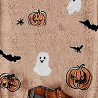 Plus-size pale blush Halloween boat-neck sweater with close-up ghost, pumpkin, bat prints