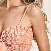 Smocked woven ribbon bra top with peach color block and spaghetti straps