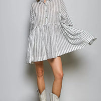 Relaxed striped shirt dress with point collar, button front, gathered waist, and long sleeves