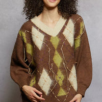 Mocha V-neck argyle mohair sweater in diamond pattern with contrast seam lines and long sleeves