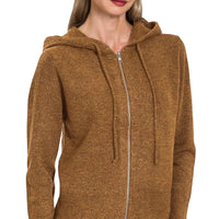 Womens deep camel zip-up hooded cardigan with drawstring and front zipper