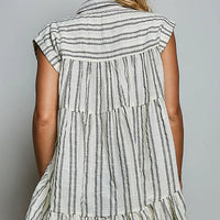 Grey multi-striped sleeveless cotton top with ruffle back yoke and collar