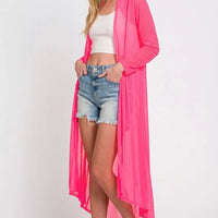Fuchsia mesh open-front cardigan with asymmetrical draped hem and long sleeves