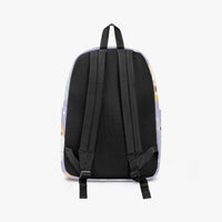 Kids purple kitten-print backpack with black mesh back panel and two adjustable straps