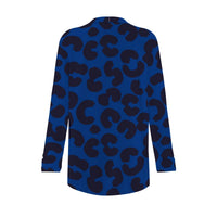 Blue Leopard Print Open-Front Cardigan with Pockets
