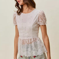 Roses embroidered denim shorts on model with lace top pairing