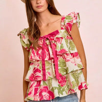 Floral ruffle square-neck top with bow tie at neckline, layered ruffle hem and rose print