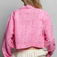 Candy pink eyelet-textured cropped jacket, button back detail, long sleeves