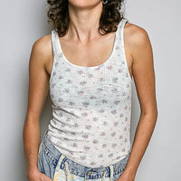 Ivory floral ribbed tank top with scoop neck, sleeveless, front view