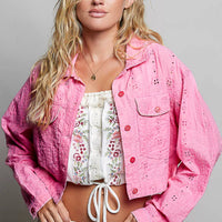 Candy pink cropped jacket with button front, flap chest pocket, and eyelet embroidery