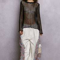 Charcoal openwork knit cover up with round neck, long sleeves, cropped length