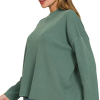 Teal-green sweater top and wide-leg pants set, crew neck, long sleeves