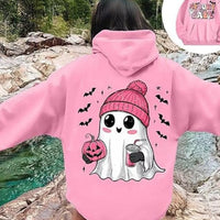 Plus-size Halloween graphic hoodie in dusty pink with Spooky Baby back design and hood