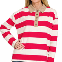 Striped polo top with contrast collar, long sleeves, ruby-and-white horizontal stripes