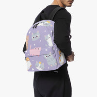 Kids purple kitten-print backpack worn front view with black shoulder straps