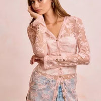 Dusty rose bow-pattern mesh cardigan top with shirred V-neck and button front, long sleeves