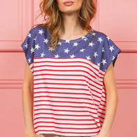 Navy star print and red-and-white striped short-sleeve crew-neck top, easy fit
