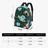 Backpack size guide showing length, width, and height measurements for S–L.