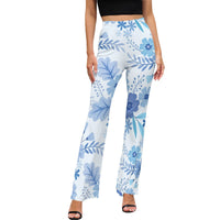 Blue Floral Print High Waist Flared Pants Women’s Botanical Summer Trousers