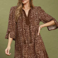 Brown geometric print tunic dress with V-neck tassel tie, 3/4 sleeves
