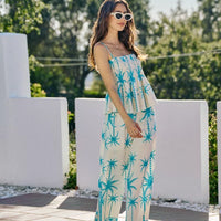 Womenβs blue palm-print smocked bodice adjustable cami top, wide tiered bottom
