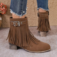 Dark brown suede fringe ankle boots with buckle strap and block heel