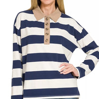 Navy and white striped long-sleeve polo with tan contrast collar and three-button placket