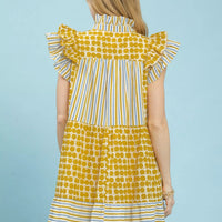 Women's marigold mix patchwork tiered dress, back view with flutter sleeves