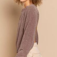 Chocolate brown round-neck backless sweater, side view, ribbed cuffs and hem
