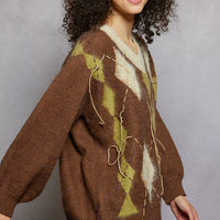 Brown mohair V-neck argyle sweater with diamond pattern and contrast exposed stitching on seams