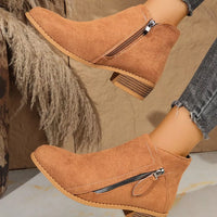 Tan suede point-toe ankle boots, side zipper, block heel