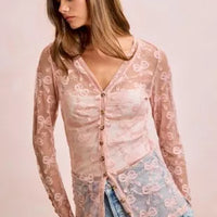 Dusty rose sheer mesh cardigan top with bow pattern, V-neck, button front and side slit
