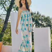 Womenβs blue palm-print smocked bodice cami top with adjustable shoulder straps