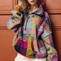 Multicolor patchwork plaid fleece half-zip hoodie with hood and kangaroo pocket