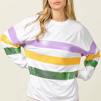 Off-white round-neck sweatshirt with sequined purple, yellow, and green striped band