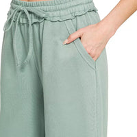 Ash blue wide-leg French terry sweatpants with side pocket and gathered waistband