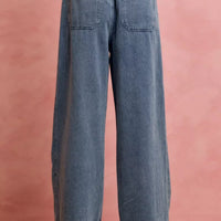 Mid-rise denim wide-leg jeans with ruffled elastic waistband and front pockets