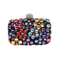 Crystal clutch bag with multicolor rhinestone flowers and top clasp