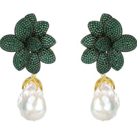 Green jeweled flower drop earrings with baroque pearl and gold-tone hooks