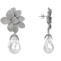 Amaryllis flower baroque pearl drop earrings in silver with pavΓ© petals
