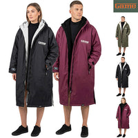 Black and plum hooded changing robes modeled to show long fit and front pockets